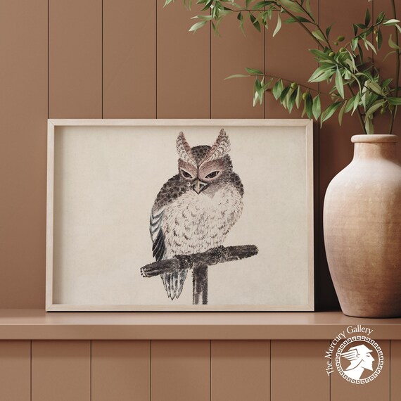 Hokusai Japanese Owl Perched on Branch Vintage Woodblock Art Print Poster
