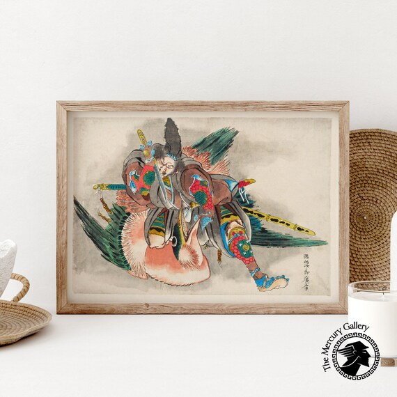 Hokusai Samurai Warrior Grappling Demon Colorful Ukiyo E Art Poster
