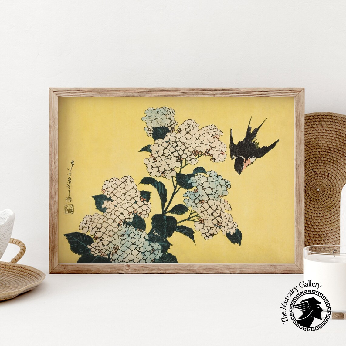 Japanese Woodblock Yellow Flowers and Swallow Art Print - Image 5