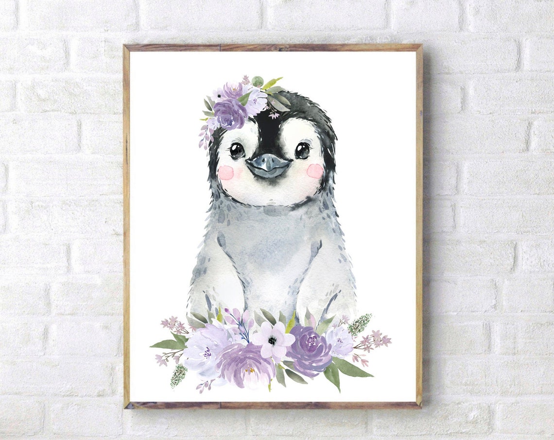 Watercolor Penguin Baby Girl Nursery Wall Art Girls Room Decor Animal Print Lilac Purple Lavender Flowers Peony Arctic Grey