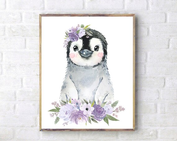 Cute Watercolor Baby Penguin Flower Crown Purple Floral Poster