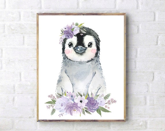 Watercolor Penguin Baby Girl Nursery Wall Art Girls Room Decor Animal Print Lilac Purple Lavender Flowers Peony Arctic Grey