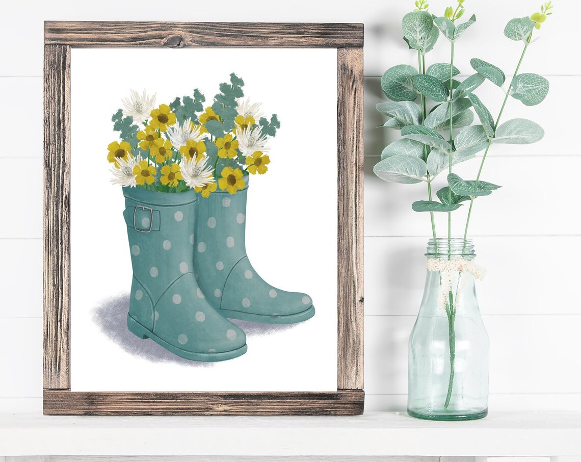Teal Polka Dot Rain Boots with Yellow Flowers Watercolor Poster