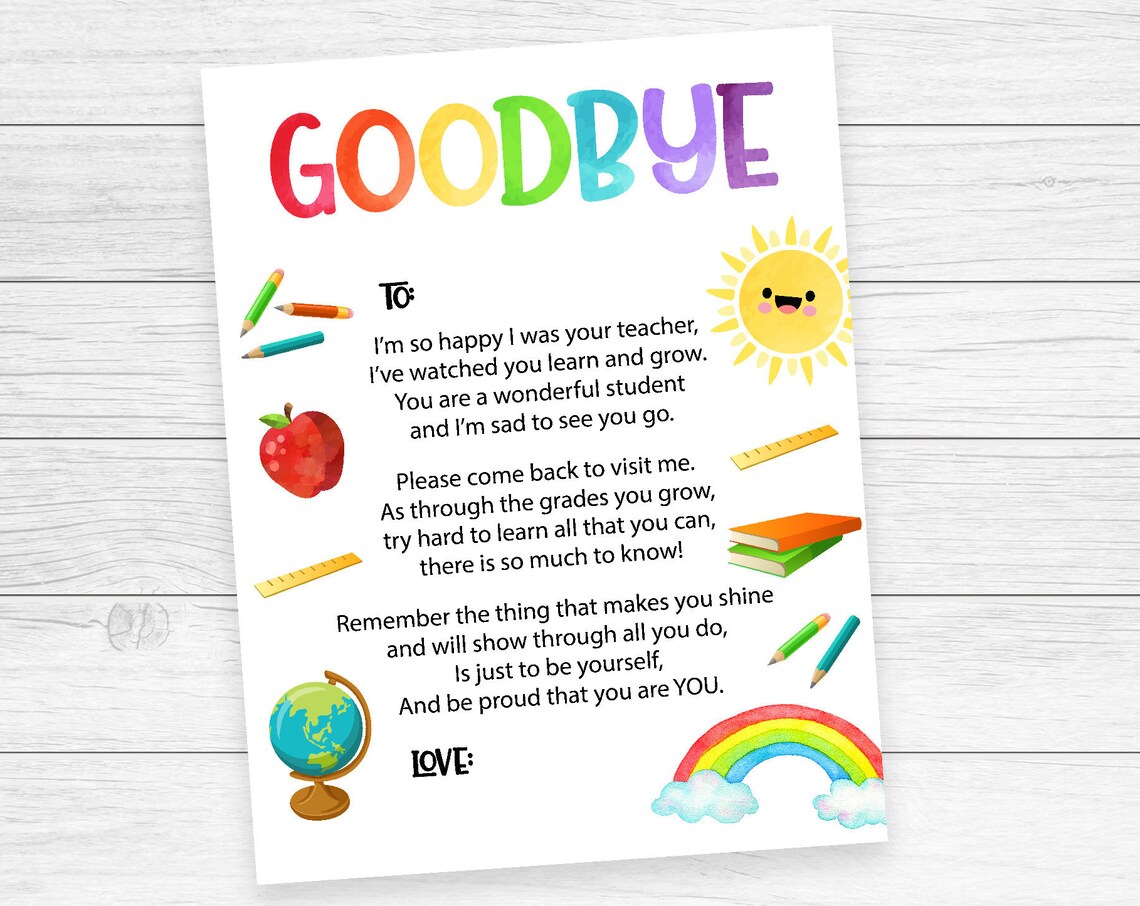 Teacher Goodbye Poem, End of Year Rainbow Art Print
