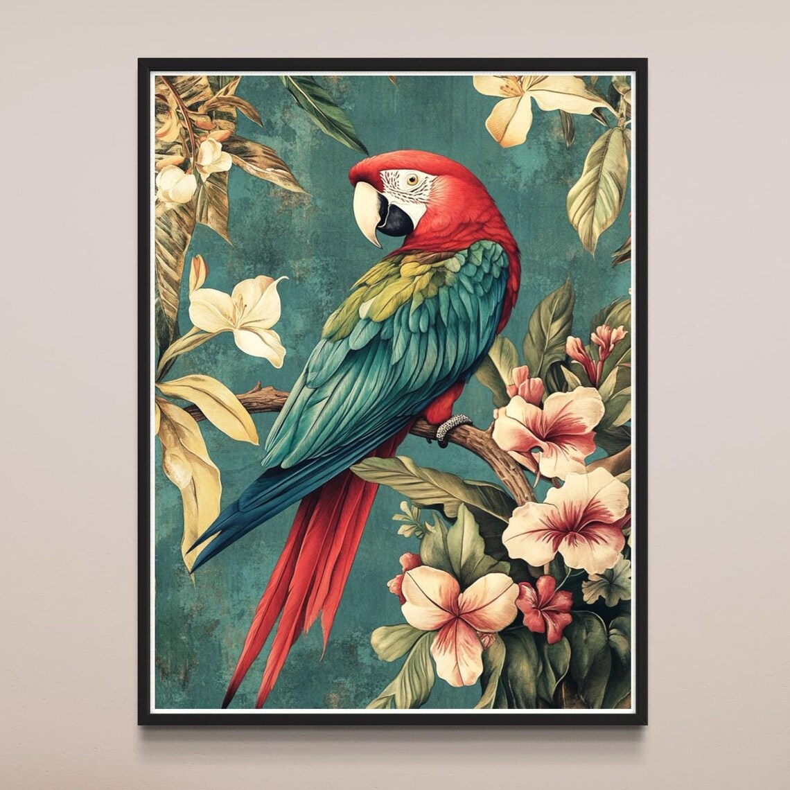 Scarlet Macaw Parrot Tropical Hibiscus Vintage Wildlife Bird Poster