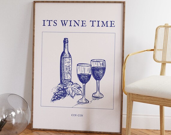 Its Wine Time Navy Sketch Wine Bottle And Glasses Art Poster
