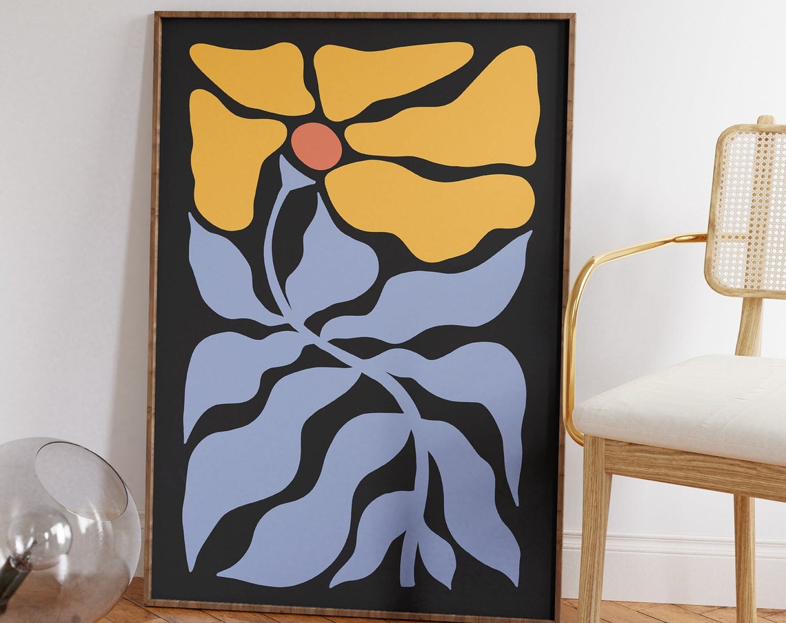Abstract Yellow Flower Blue Leaves Black Background Modern Wall Poster