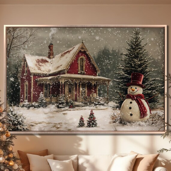 Christmas Red Cottage Snowman Poster Festive Winter Snow Scene Decor