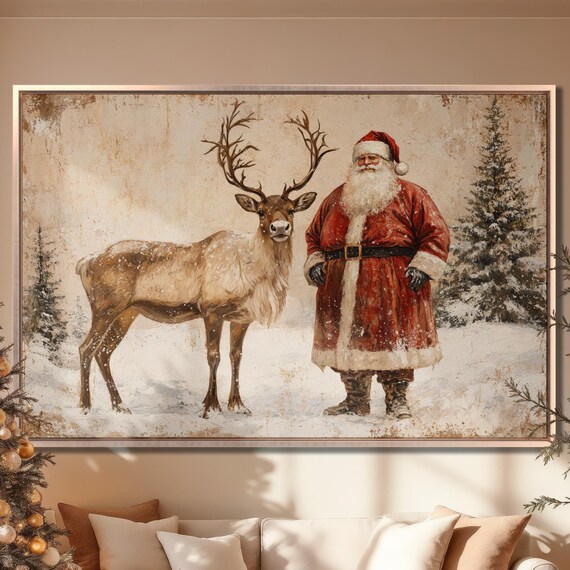 Santa Claus With Reindeer In Snowy Forest Christmas Vintage Poster
