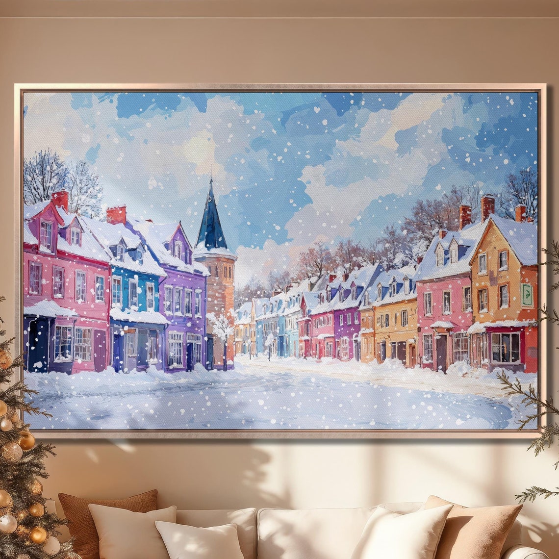 Christmas Snowy Street Framed Canvas Wall Art Holiday Winter Town Painting Print Colorful Houses Poster Homely Festive Decor Ready To Hang