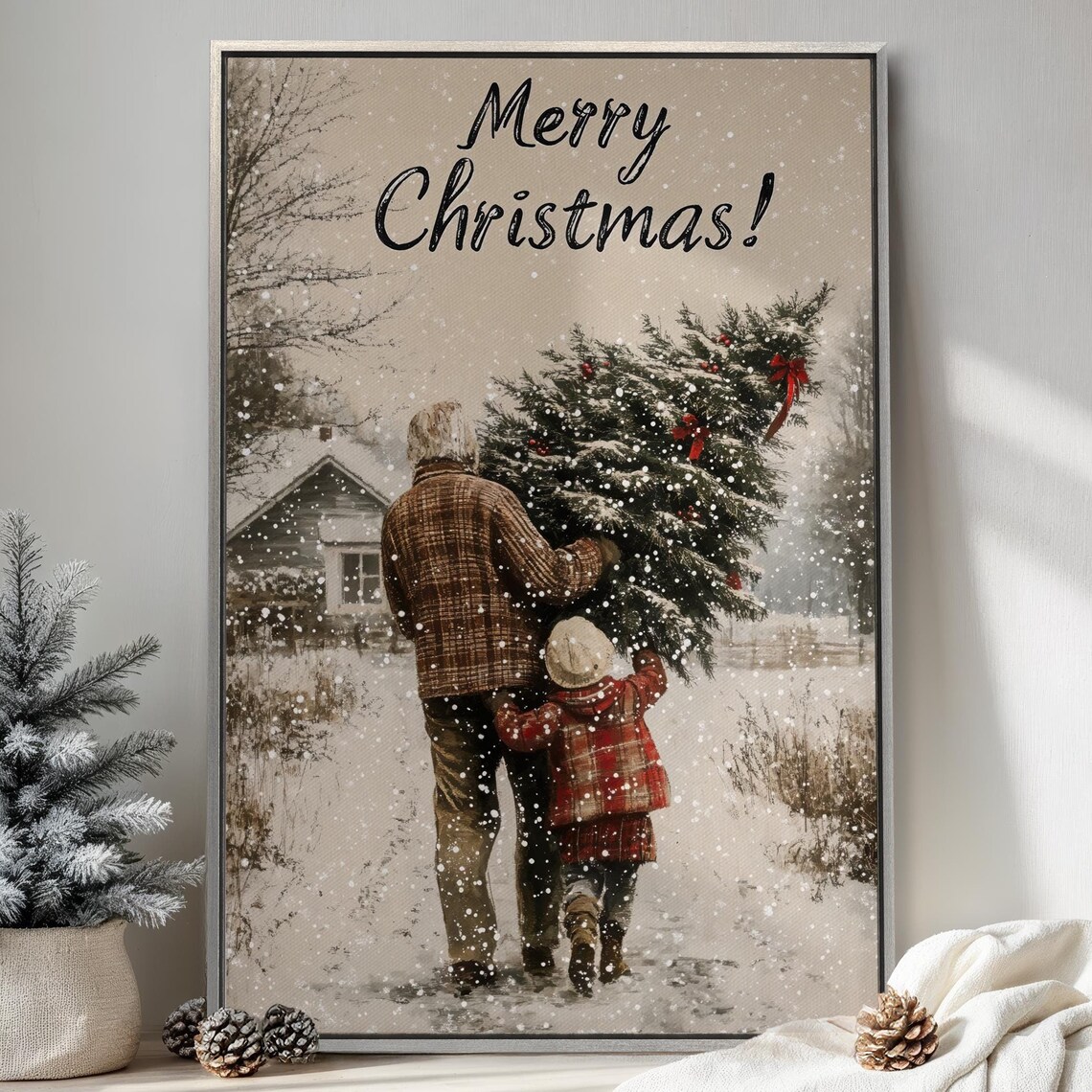 Merry Christmas Father And Child Carrying A Tree In Snow Poster