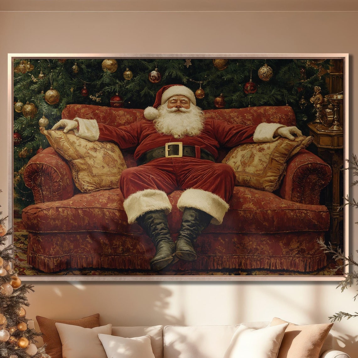 Santa Claus Napping On Red Couch Christmas Tree Holiday Art Poster