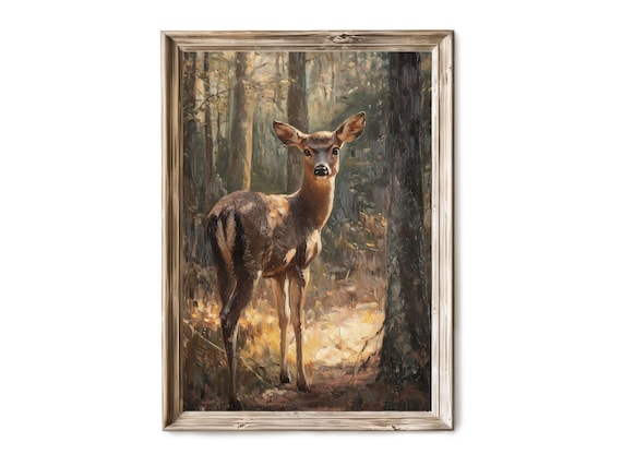 Vintage Deer In Forest Wall Art Rustic Oil Painting Antique Landscape Print Gift For Homes Cabin Farmhouse