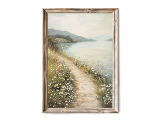 Lakeside Wildflower Path Vintage Oil Painting Serene Lake Trail Poster