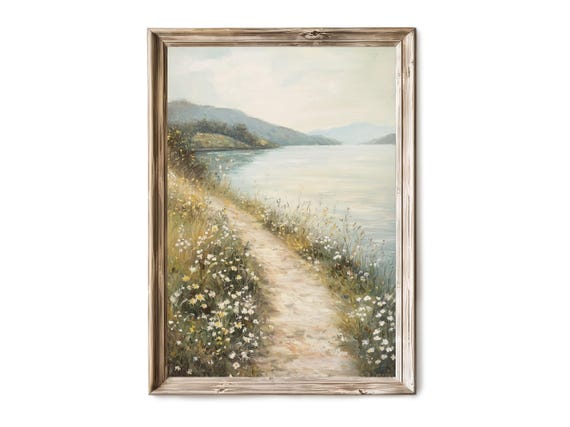 Vintage Lakeside Hiking Trail Wall Art Antique Landscape Country Field Serene Nature Decor For Home Cabin Farmhouse Gift