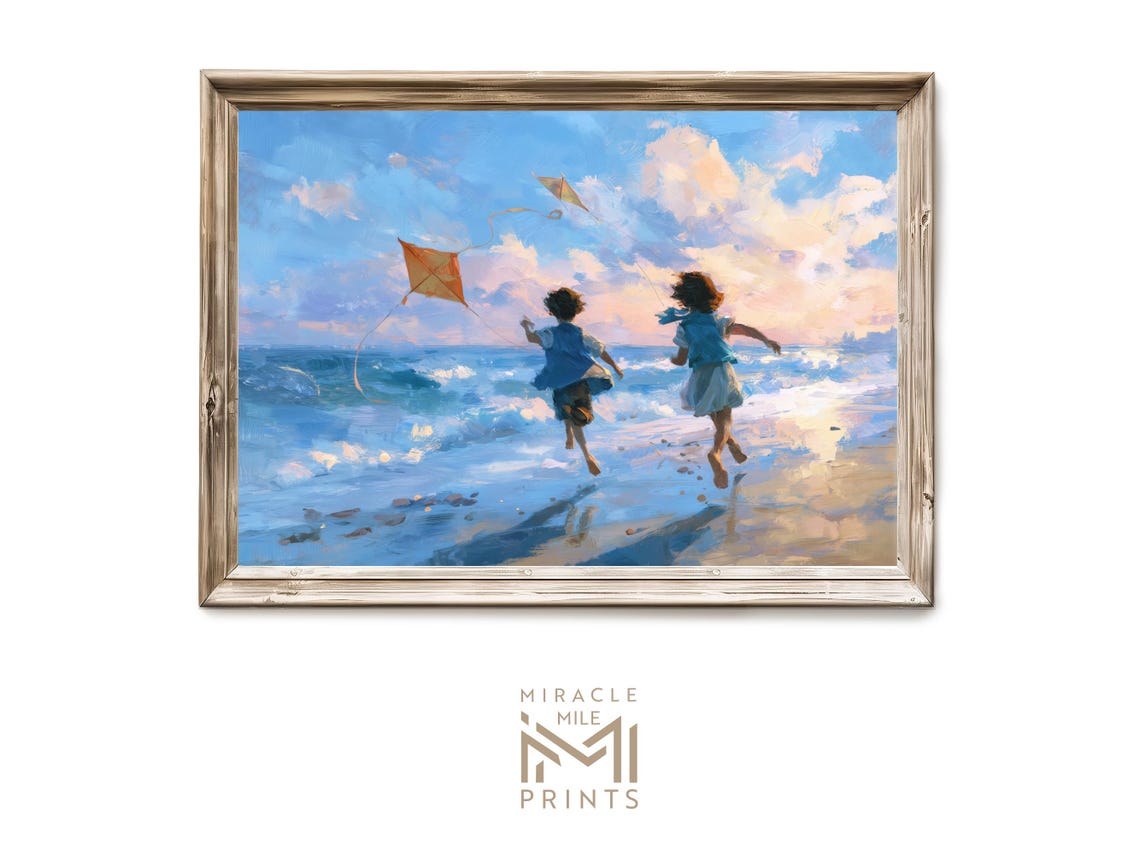 Children Flying Kites Beach Sunset Playful Coastal Summer Art Poster