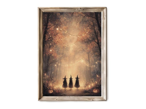 Halloween Wall Art Witches Gathering In Glowing Forest Spooky Vintage Decor Autumn Witchcraft Artwork 319