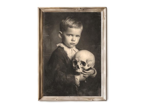 Halloween Wall Art Victorian Boy Holding Skull Spooky Gothic Portrait Haunted Decor Vintage 280
