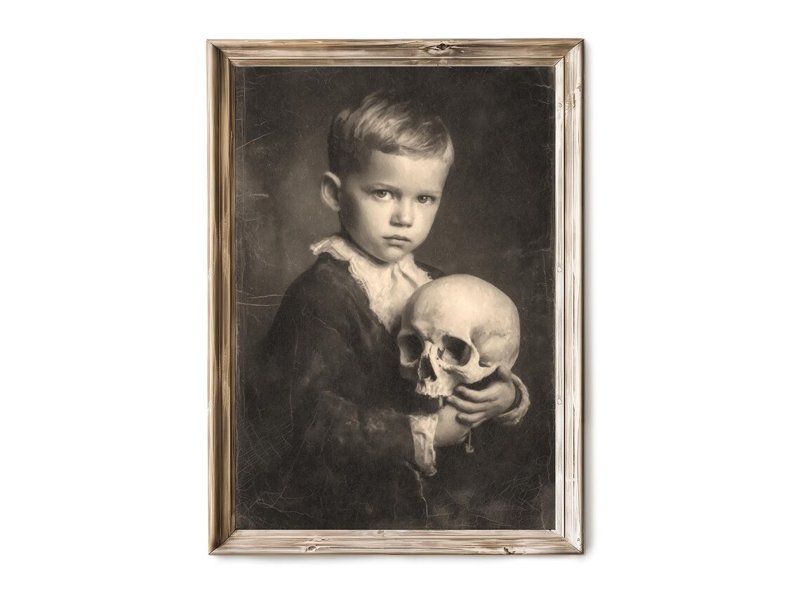 Vintage Sepia Boy Holding Skull Dark Portrait Antique Style Art Poster