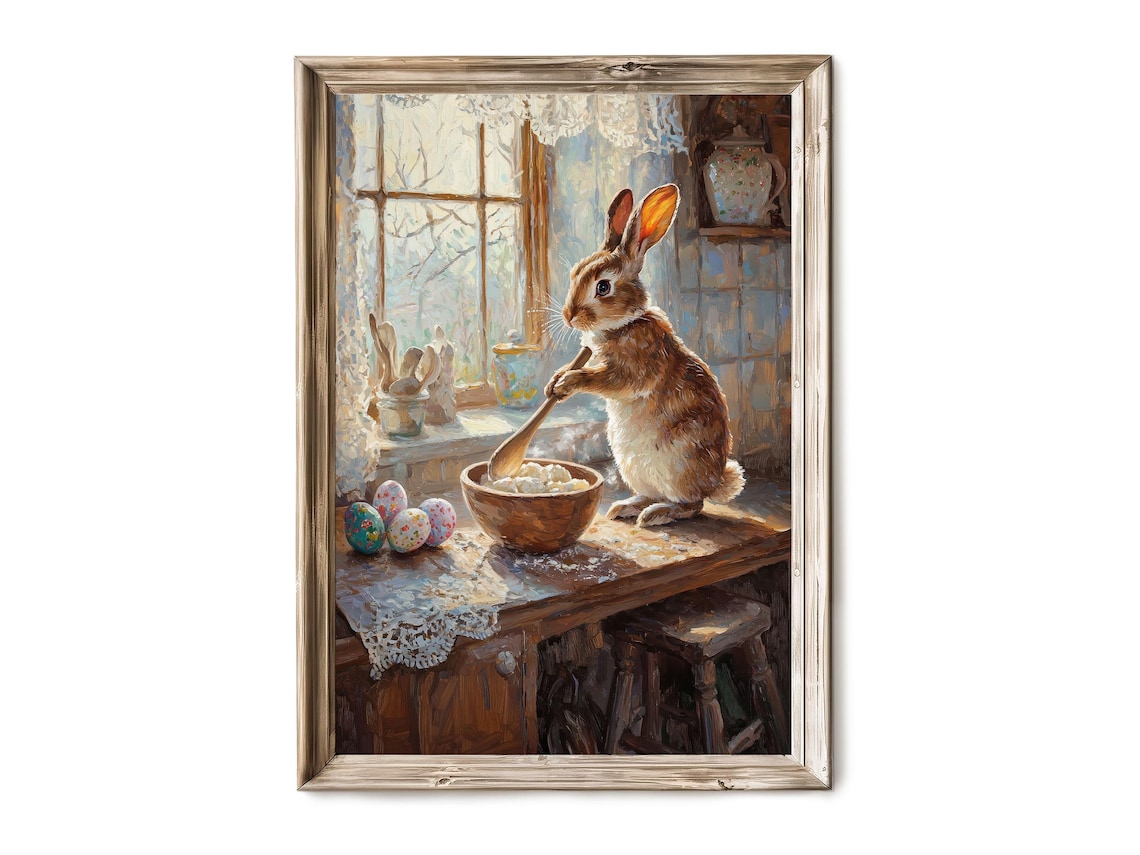 Easter Bunny Storybook Oil Painting, Rustic Spring