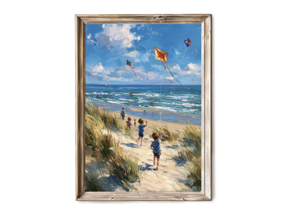 Flying Kites Beach Vintage Coastal Scene Art Print