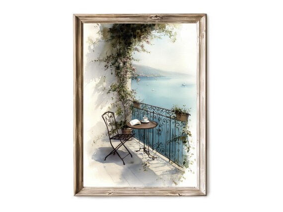 Balcony Cafe Coffee and Book with Sea View Watercolor Poster