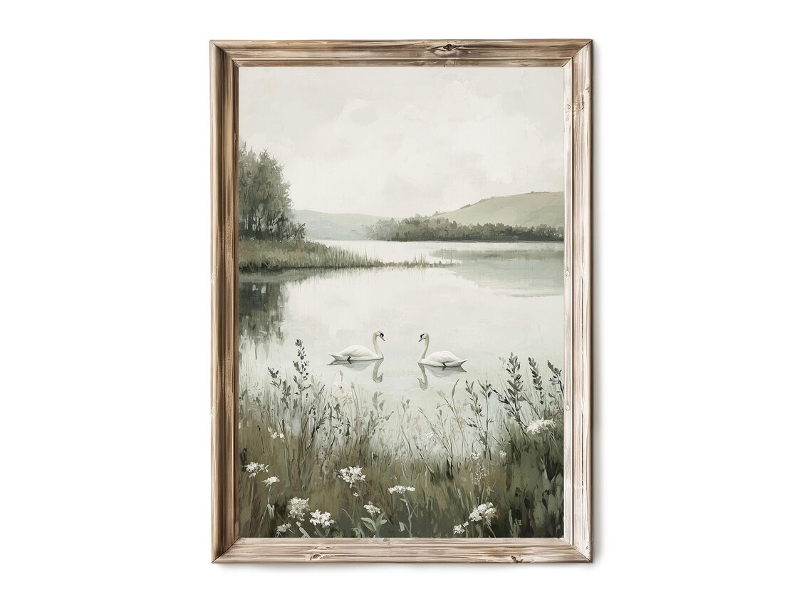 Vintage Lakeside Swan Art Print, Rustic Countryside Decor