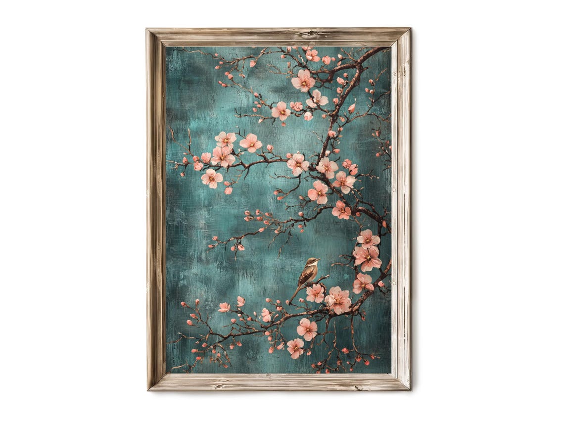 Chinoiserie Cherry Blossom Branch with Bird Teal Floral Wall Art