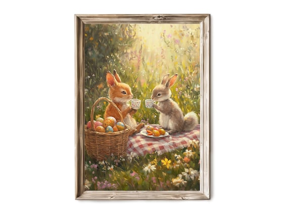 Easter Bunnies Tea Party Picnic Painted Eggs Storybook Poster
