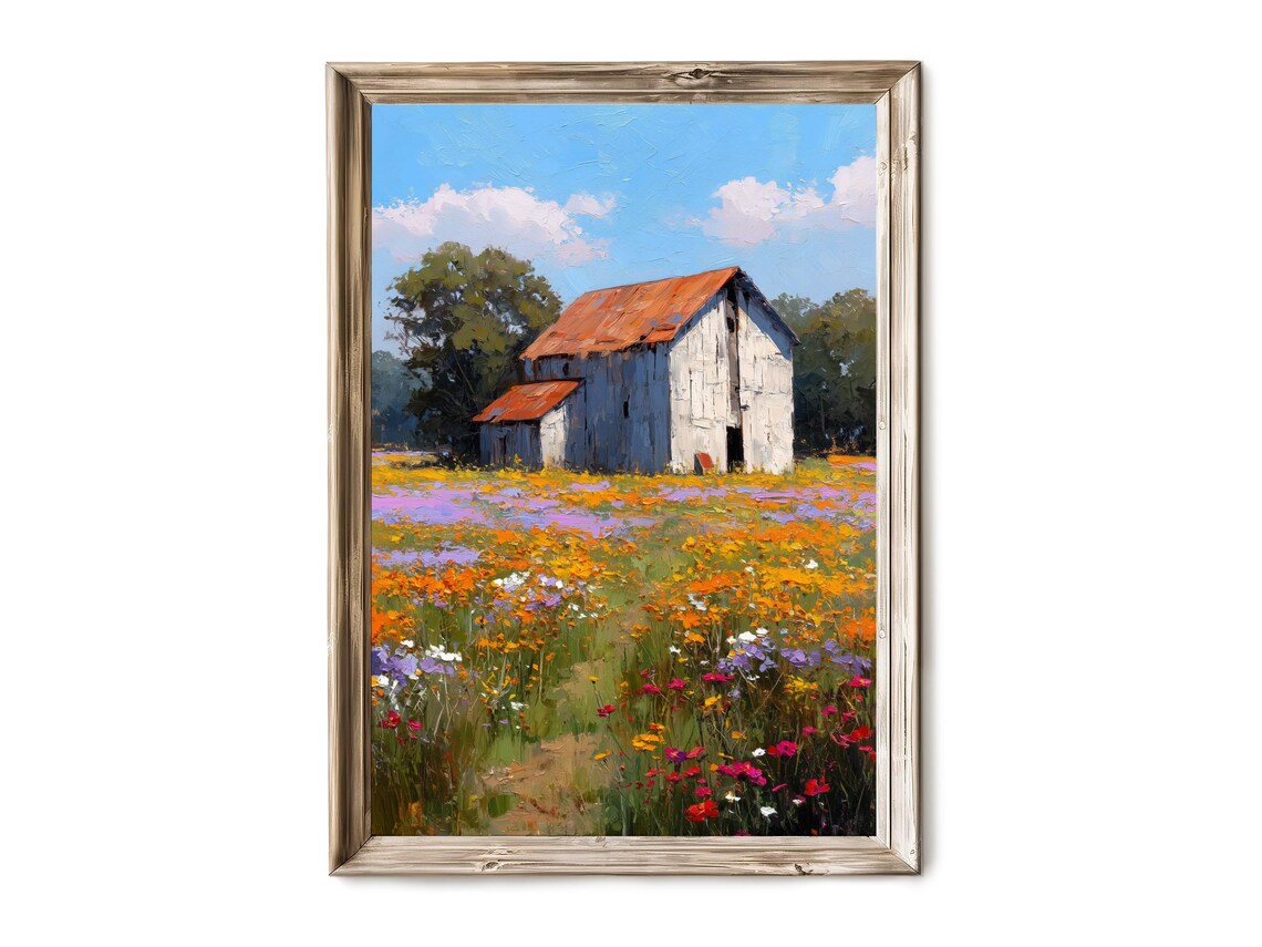 White Barn Wildflower Field Rustic Farm Oil Painting Art Poster
