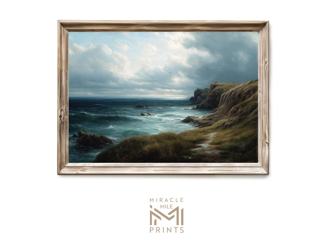 Moody Stormy Coastal Cliffs Ocean Waves Vintage Oil Painting Poster