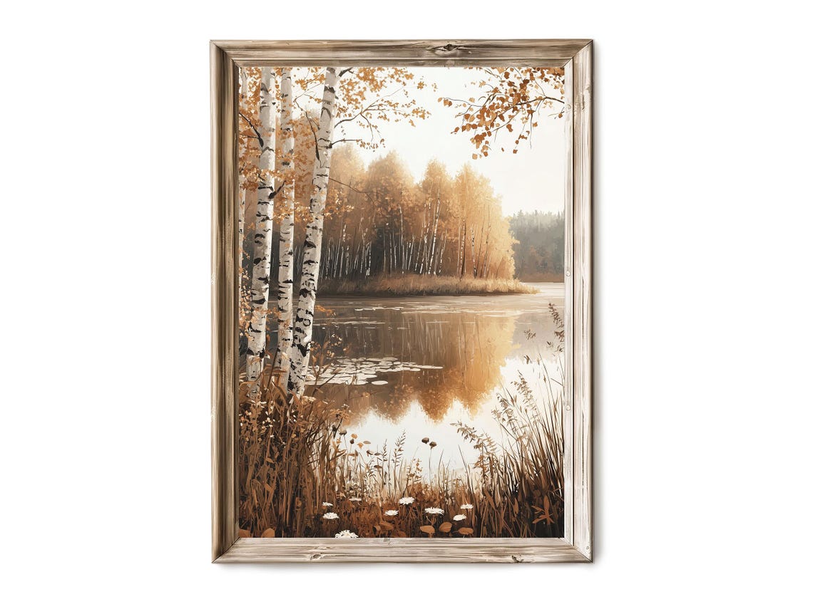 White Birch Trees By Autumn Lake Vintage Landscape Painting Poster
