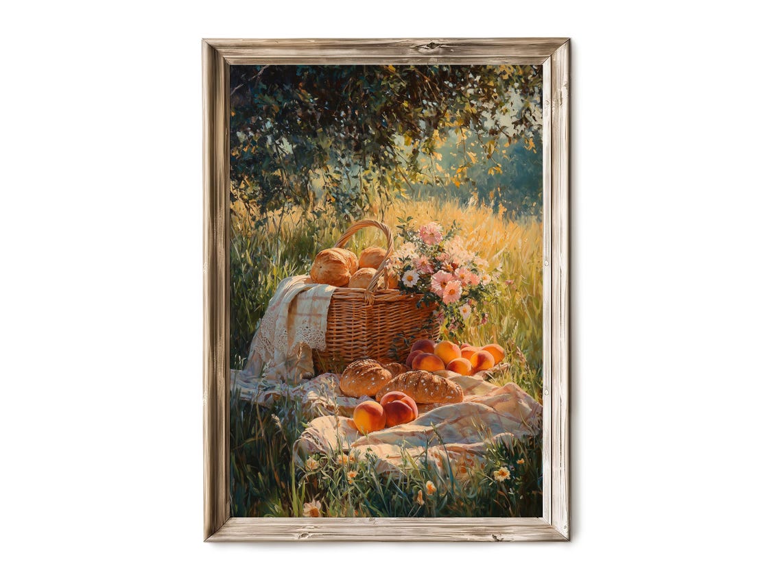 Picnic Basket with Bread and Peaches Sunny Meadow Scene Poster
