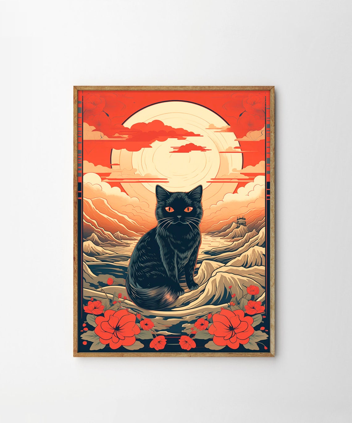 Japanese Black Cat Red Sun Woodblock Style Ukiyo E Art Poster - Image 3