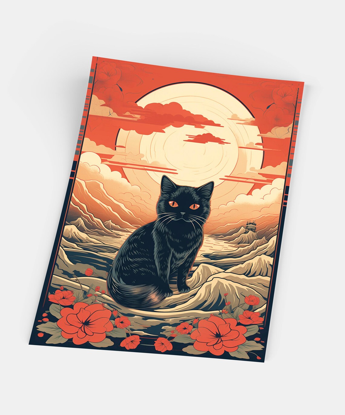 Japanese Black Cat Red Sun Woodblock Style Ukiyo E Art Poster - Image 5