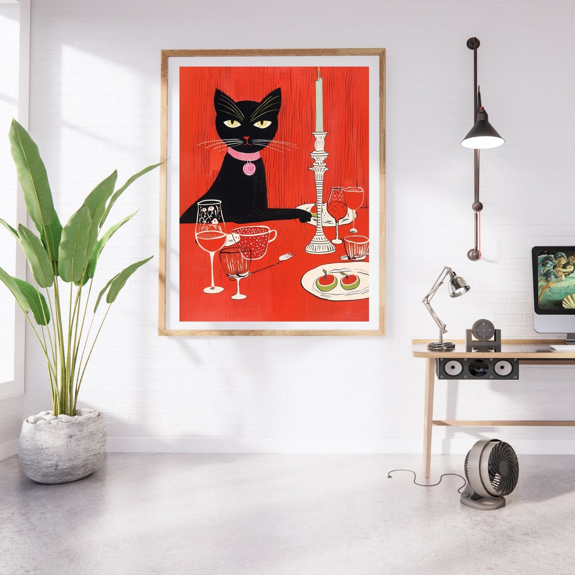 Chic Black Cat at a Candlelit Dinner on Red Background Poster - Image 3
