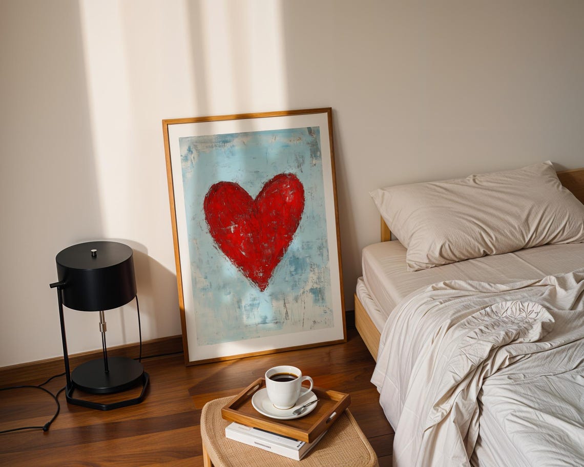 Textured Red Heart on Distressed Blue Impasto Modern Art Poster - Image 2