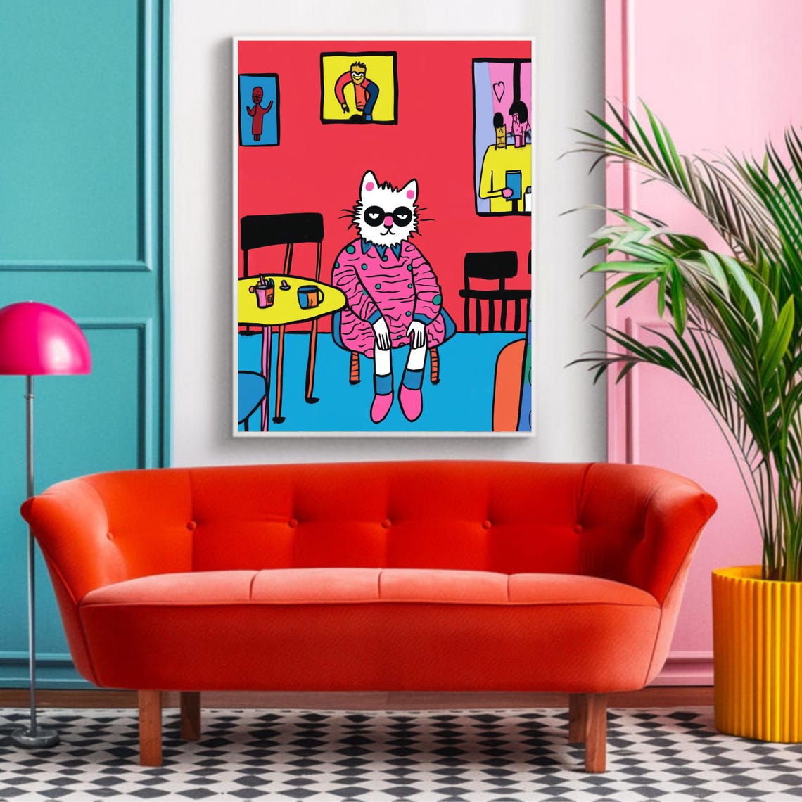 Funky White Cat Retro Pop Art Poster Pink Pajamas Cozy Cafe Scene - Image 2