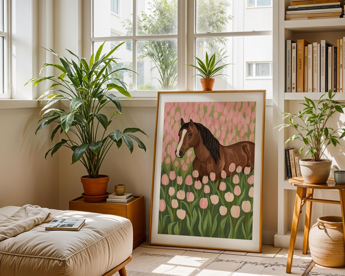 Brown Horse Standing in Pink Tulip Field Folk Art Spring Poster - Image 2
