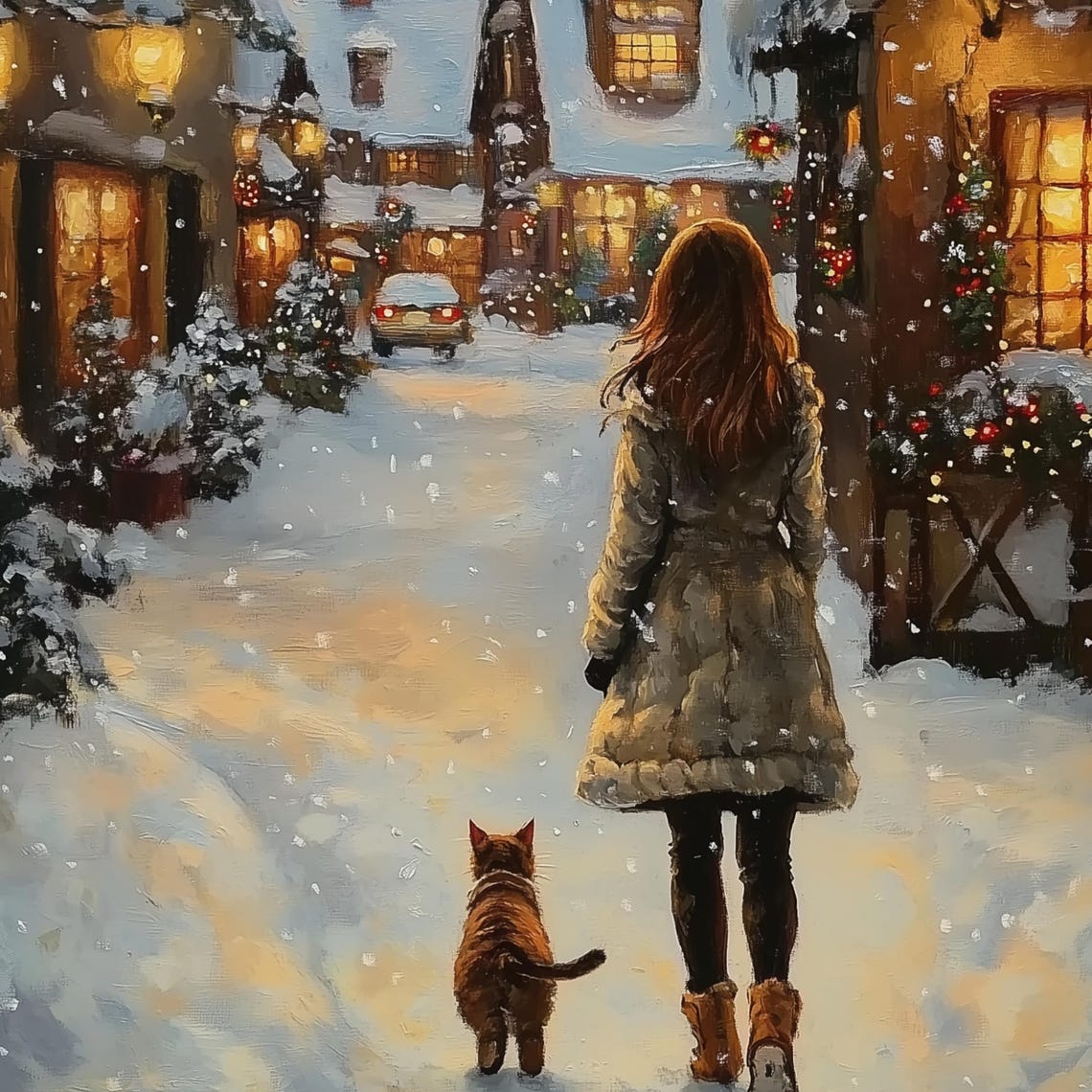 Woman And Cat Strolling Through A Snowy Christmas Village Poster - Image 3