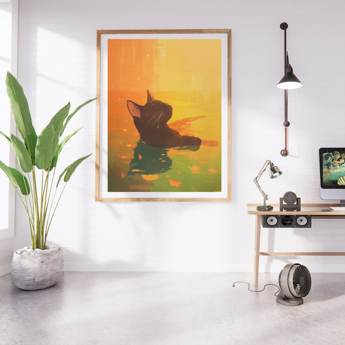 Black Cat Bathing In Golden Water Serene Sunset Abstract Cat Poster - Image 3