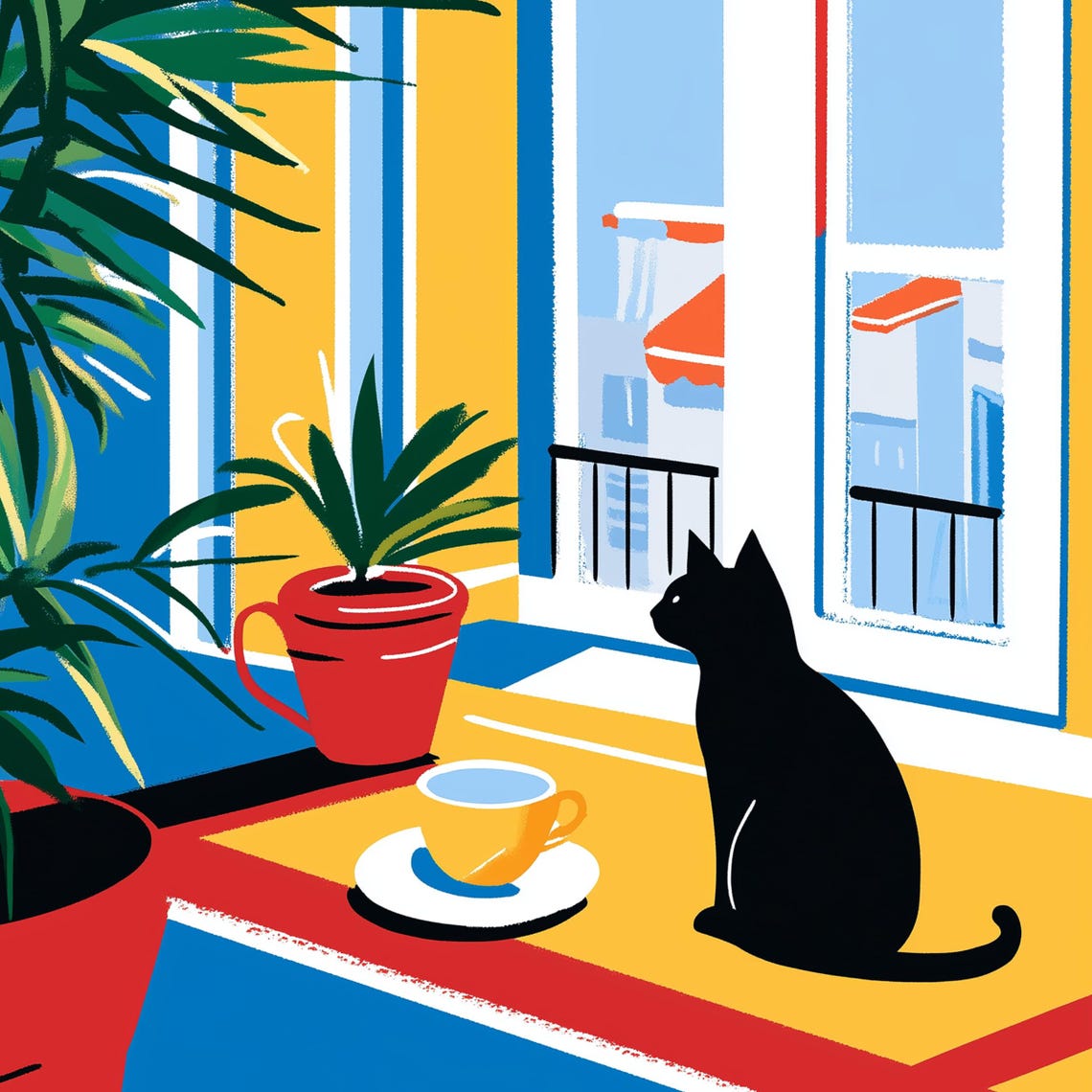 Black Cat Coffee Minimalist Poster Bold Geometric Red Yellow Blue Art - Image 3