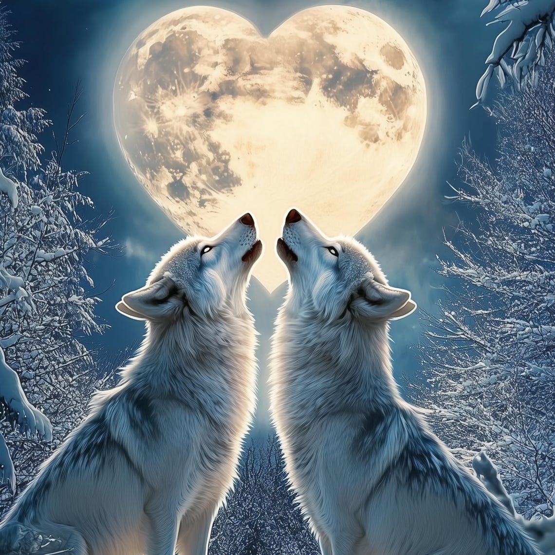 Romantic White Wolves Howling At Heart Shaped Winter Moon Poster - Image 3