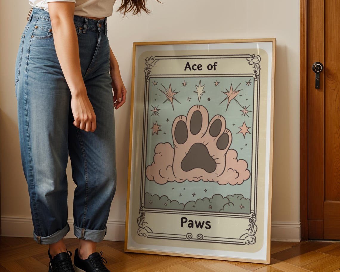 Cute Ace of Paws Tarot Card Celestial Paw Motif Mystical Poster - Image 2
