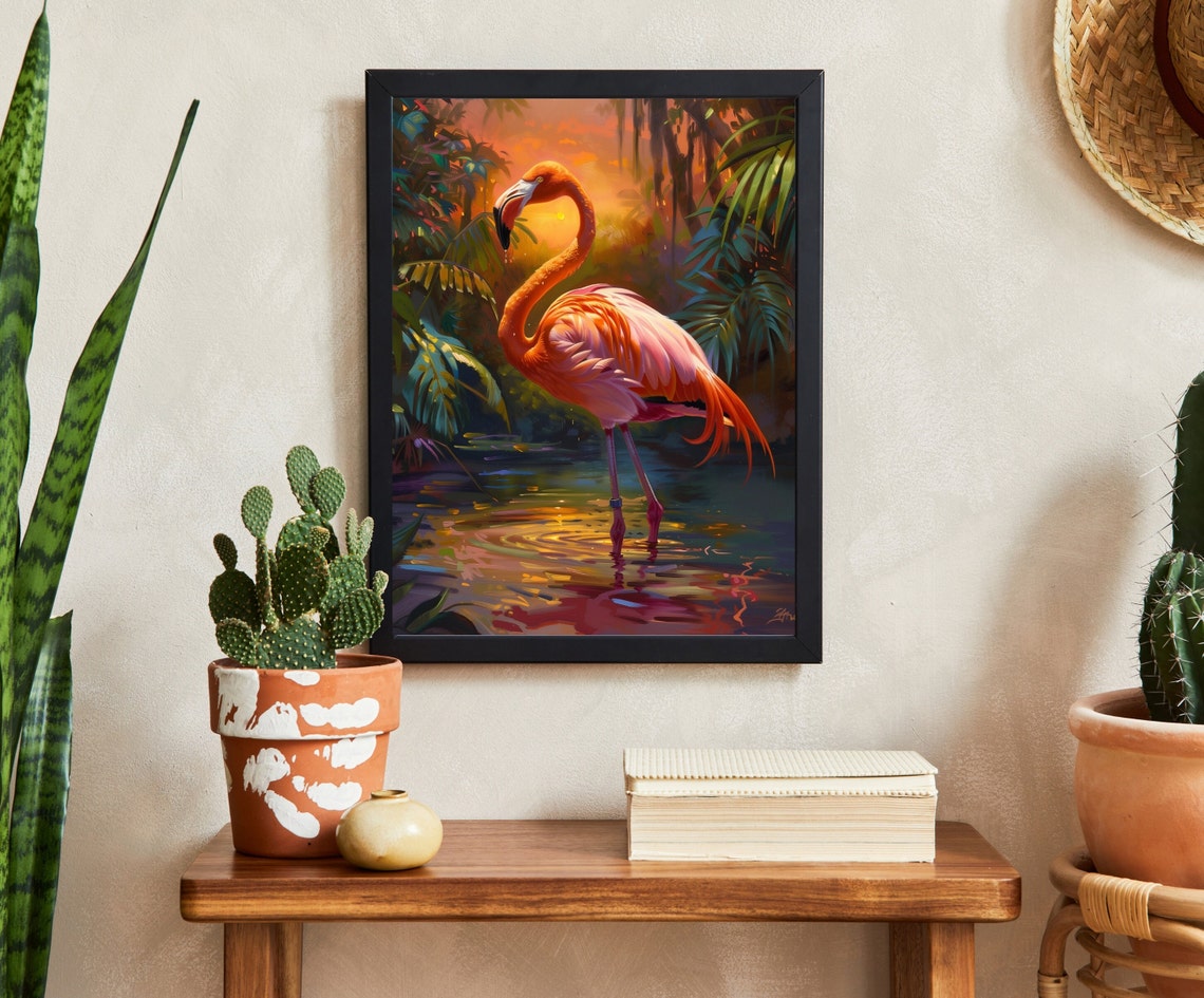 Elegant Pink Flamingo at Sunset in a Lush Tropical Lagoon Poster - Image 2