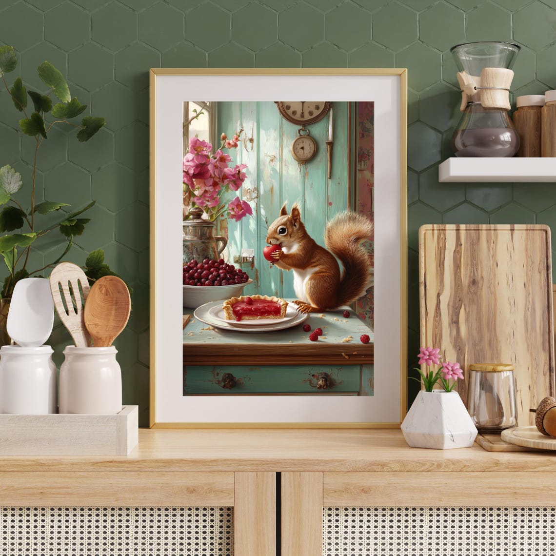 Whimsical Squirrel With Raspberry Tart Poster Vintage Kitchen Art Cute Woodland Animal Painting Rustic Kitchen Wall Art Kitchen Decor - Image 2