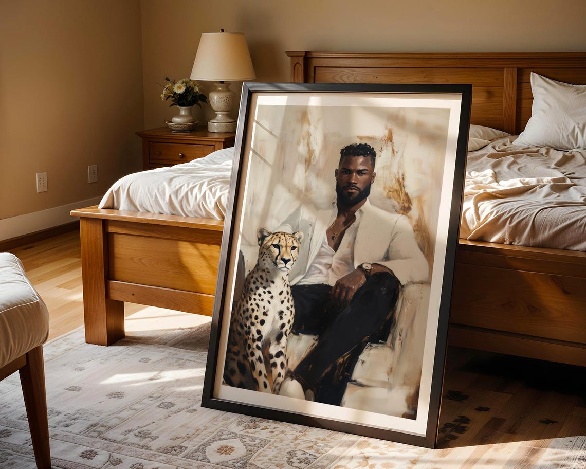 Regal Man In White Suit Posing With Cheetah Statement Poster - Image 2