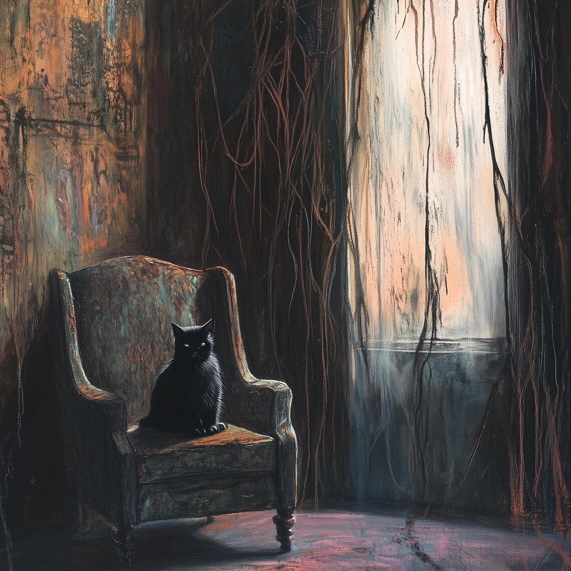 Gothic Black Cat Moody Poster Dark Vine Room Armchair Mystery Art - Image 3