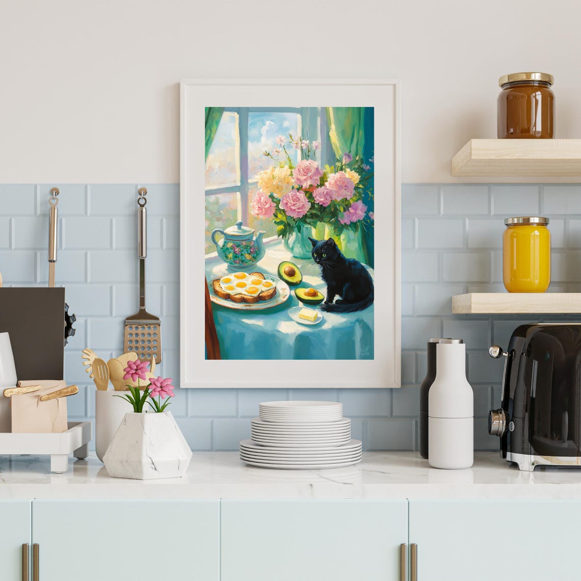 Black Cat Breakfast Scene Poster Eggs Toast Avocado Teapot Kitchen Art - Image 2