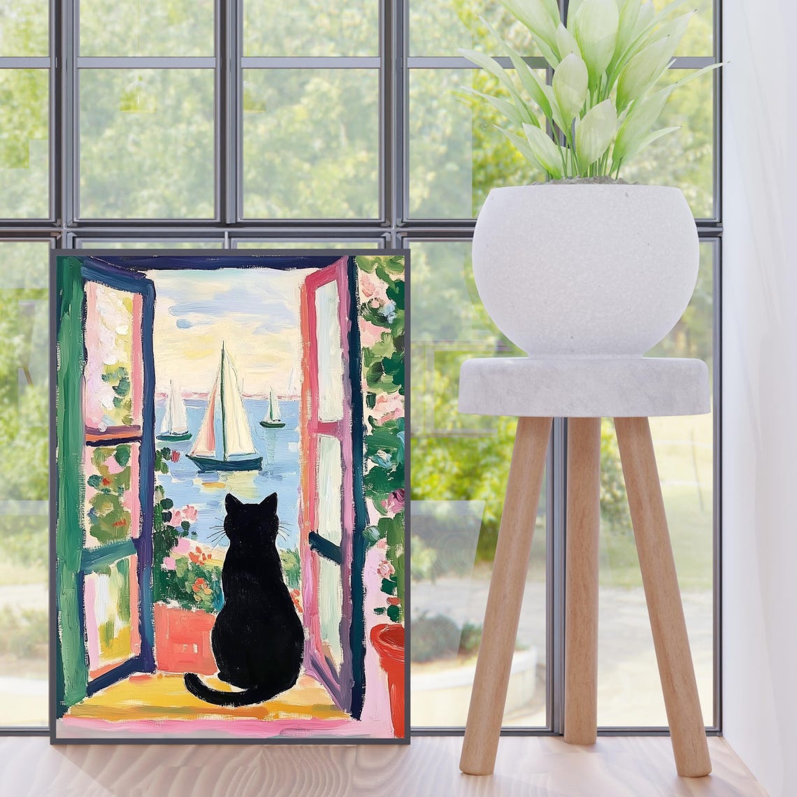 Black Cat On Sunny Windowsill Watching Sailboats Artistic Poster - Image 2